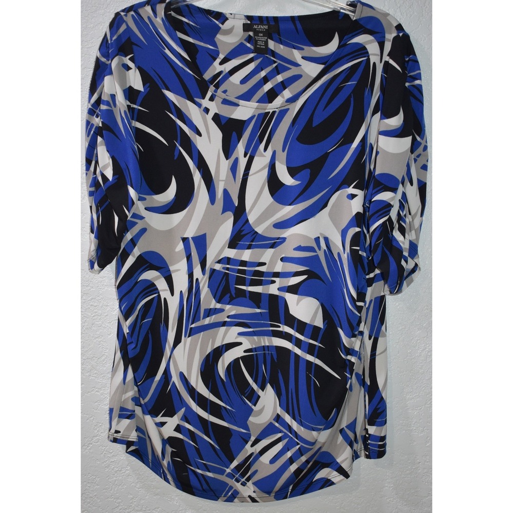 Alfani 0X Stretch Blouse Artsy Blue Abstract Swirl Scoop Neck‎ Ruched Side Top